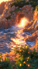 Sunset over rocky coast with crashing waves