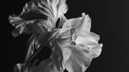 Black and white macro of delicate iris flower