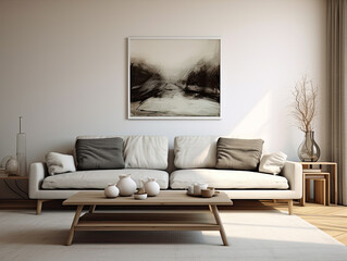 Serene Minimalist Living Room with Neutral Tones and Modern Artwork