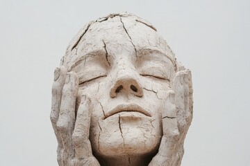 close-up of a cracked clay face with hands covering the ears
