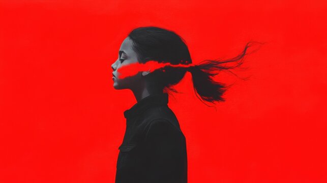 a young woman in profile with red contrast