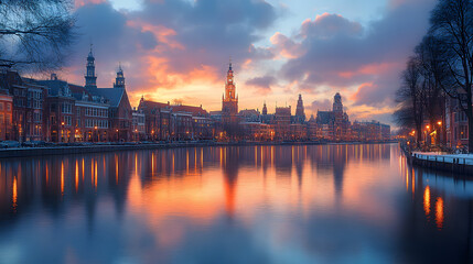 Fototapeta premium A striking photography of the Binnenhof, the historic parliamentary complex in The Hague, reflecting in the tranquil waters of the Hofvijver lake at twilight.