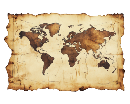 weathered world map with vintage appearance, showcasing historical details and mysterious aura. aged paper texture adds to its charm and intrigue