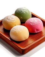 Mochi ice cream features small balls of flavored ice cream wrapped in soft, pounded rice cake.