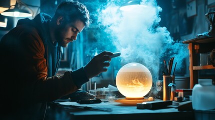 Scientist working with a glowing orb in a laboratory