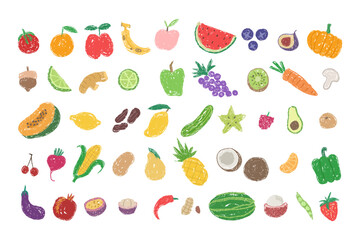 Crayon, oil pastel texture of exotic fruit and vegetables. Fun cute kid, colorful doodle set badge, scribble, children draw style design elements of tomato, peanut, garbage, eggplant