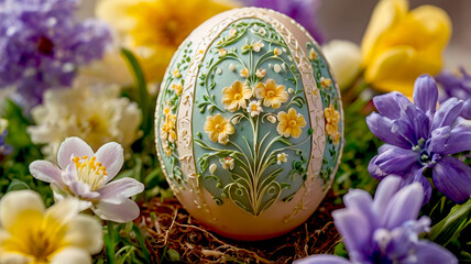 Fototapeta premium Close up detailed decorated Easter eggs among the flowers