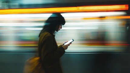 Woman uses phone on speeding train with blurred city lights backdrop, symbolizing modern commute and connectivity. Suitable for technology, urban lifestyle and travel themes.