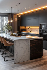 Photographie immobilière d'une cuisine moderne élégante avec marbre blanc et armoires noires, HDR, 3D, design, tendance, architecte