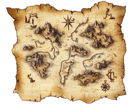 vintage treasure map featuring aged parchment texture, intricate illustrations of islands, mountains, and compass rose, evoking sense of adventure and exploration