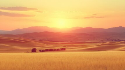 Obraz premium Golden Sunset Over Rolling Hills and Wheat Fields
