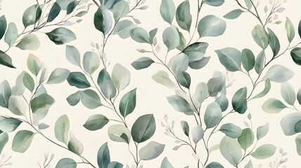 Watercolor painting presents repeating pattern of eucalyptus leaves