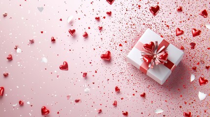 Romantic Surprise Gift with Red Hearts and Confetti on Pink Background