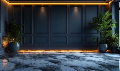 Modern Minimalist Interior Design with Dark Gray Wall and Marble Floor in Lounge and Living Room