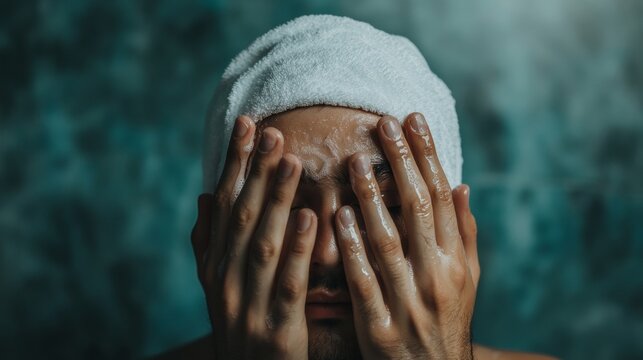 Hands covering face with a towel in contemplative pose