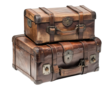 Vintage leather suitcases stacked creatively, showcasing their unique textures and colors. Perfect for travel enthusiasts or as decorative pieces