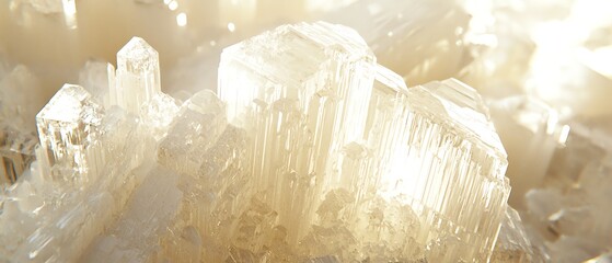 Close-up of selenite formation, pale white translucent layers, geometric growth patterns, fibrous crystal structure, luminous mineral sheets