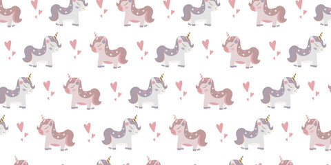 Seamless Pastel Unicorn Pattern with Hearts, Cute Fairytale Pony Vector for Valentine’s Day and Kids Design