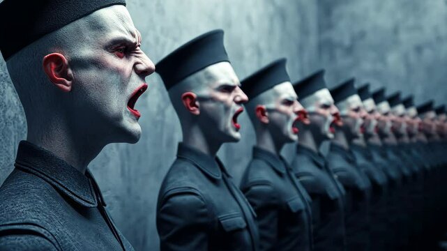 Pale soldiers wearing dark uniforms, yelling inside concrete bunker, expressing military despair and dystopian conformity with raw, primal emotion