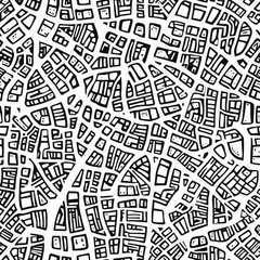 Intricate Black Ink Doodle Map of a City with Abstract Patterns on White Background for Creative and Artistic Projects