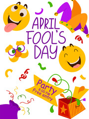 April Fool's Day vertical poster template. Vector Illustration with hand writing lettering, jack in the box, emoji, eyeglasses with fake nose. Party invitation. Flyer, poster, brochure, card, banner
