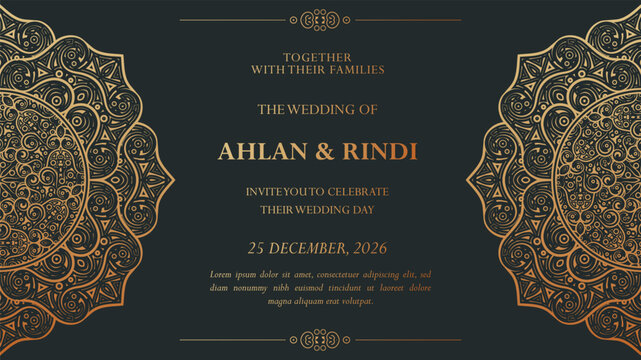 Luxury dark gold mandala wedding invitation card template design - Powered by Adobe