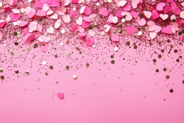 Bright pink confetti is gracefully falling onto a pink background