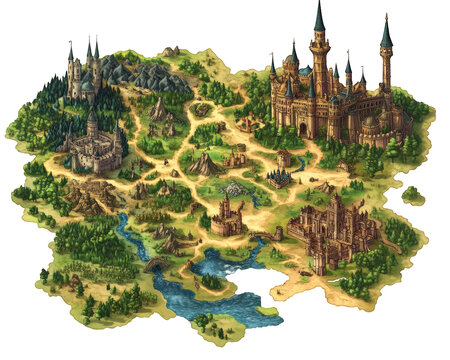 detailed map of fantasy kingdom featuring castles, forests, mountains, and rivers, showcasing vibrant landscape filled with adventure and exploration