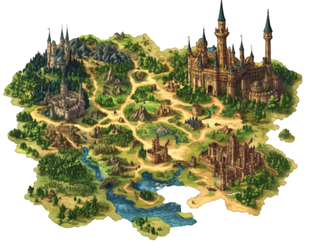 detailed map of fantasy kingdom featuring castles, forests, mountains, and rivers, showcasing vibrant landscape filled with adventure and exploration