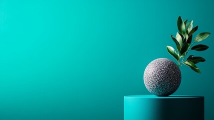 A Minimalist Display Featuring a Textured Circular Element - A stylish arrangement with a textured sphere and green leaves on a pedestal against a teal background symbolizing tranquility creativity an