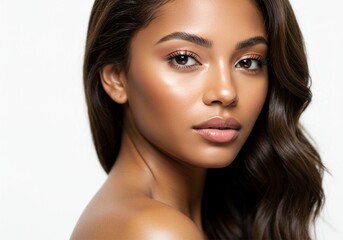 Naklejka premium portrait of a young woman's face with brown skin. ai generative 