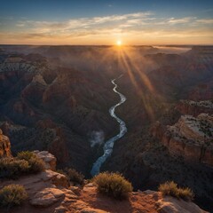 A magical sunrise over an enchanted canyon filled with glowing mist.