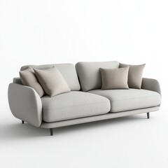 Fototapeta premium A 3D rendered modern sofa with soft cushions and a minimalist design, upholstered in gray fabric, isolated on a white background