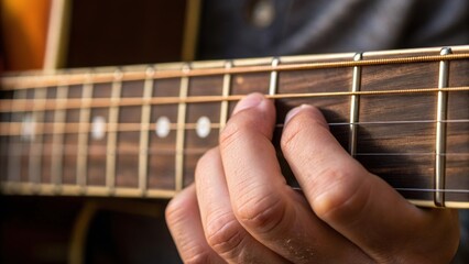 A closeup displays the musicians calloused fingertips pressing down on a string emphasizing the wear and tear of years of practice while the body of the guitar reflects the