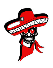 Valentine skull with heart eyes. A black and white sugar skull with intricate floral designs is depicted wearing a large red sombrero with a black trim. The skull's eyes are replaced with red hearts, 