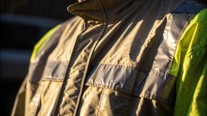 Naklejka premium A closeup focusing on the reflective material of the jacket with the sunlight catching the fabric. The jackets creases reveal signs of wear suggesting the workers long hours and