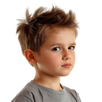 Caucasian boy with cowlick isolated on transparent white background