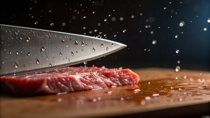 A closeup focusing on the sheen of the knife as it reflects light droplets of from the meat splattering onto the ting board conveying the intensity of the butchering process.