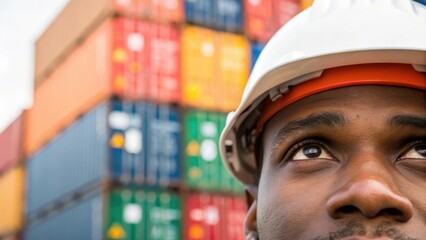A closeup focusing on the workers eyes radiating concentration as the multicolored shipping containers create a dynamic backdrop implying the significance of logistics and