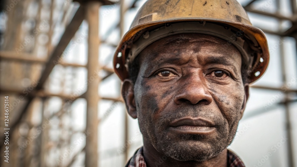 Poster A closeup image of a workers weathered face revealing the experience and resolve required in the construction industry with an array of scaffolding elements captured in the