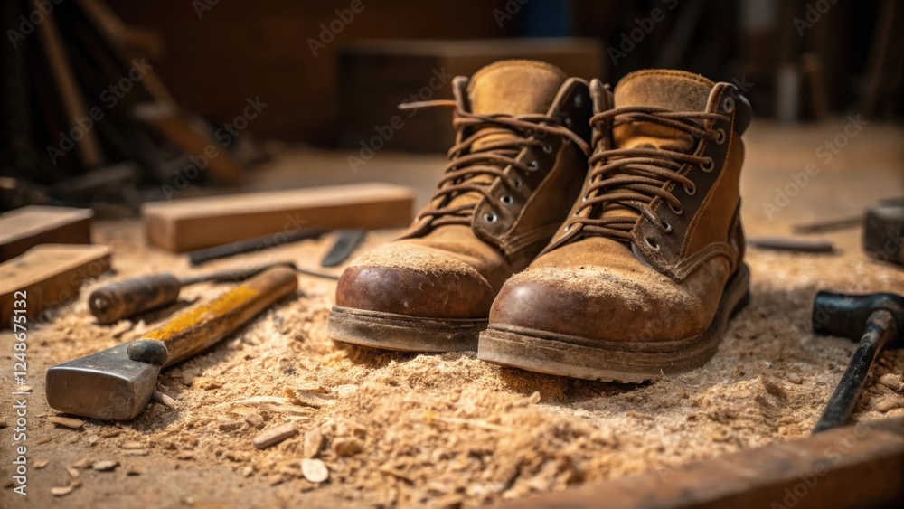 Poster A closeup image of worn work boots half sunk in sawdust and tools tered around portraying the workshop setting where the shipbuilder brings ideas to life with every stroke of his