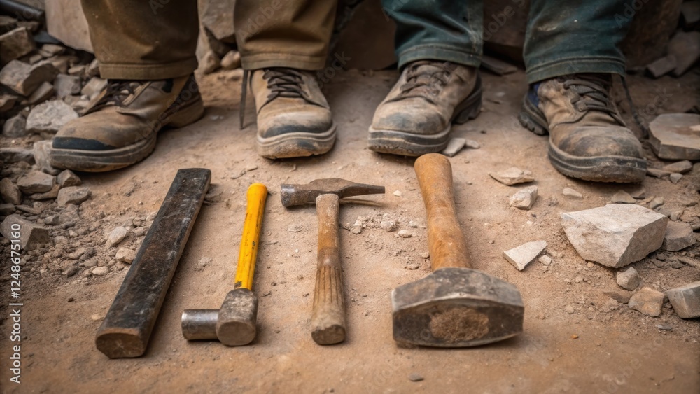 Poster a closeup image focuses on tools of the trade such as chisels and hammers laid beside the workers fe