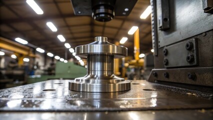 A closeup image of a freshly stamped metal part emerging from the press glistening under bright overhead lights with the hydraulic machines mechanisms visible in the background.