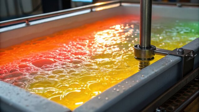 A closeup of a bright bubbling electroplating tank with a metal component submerged halfway. The fluid dynamics create an intriguing contrast against the smoothness of the