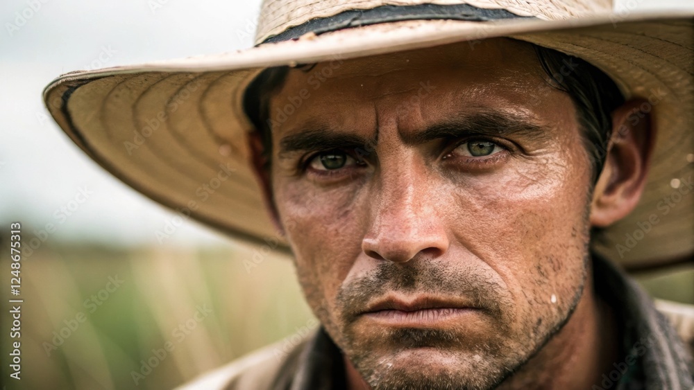 Fototapete a closeup of a determined expression on the farmers face framed by a widebrimmed hat with beads of s