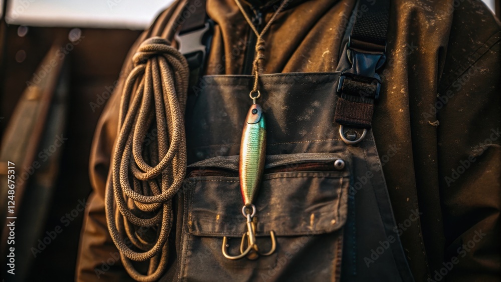 Poster a closeup of a fishing lure attached to the fishermans vest glinting in the diffused light surrounde