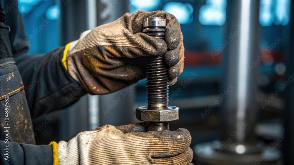 Poster a closeup of a gloved hand applying torque to a bolt oil and dirt smudging the onceclean fabric with