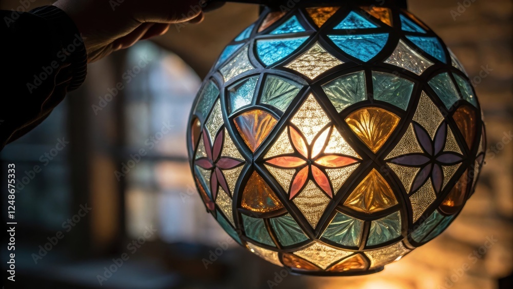 Poster a closeup of a glass piece being held up to the light illuminating its complex surface with a play o