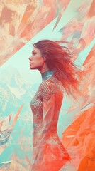 Woman in a vibrant, artistic outfit surrounded by abstract crystal formations