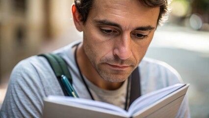 Fototapeta premium A closeup of a journalists face illuminated by natural light their brow furrowed in concentration while they flip through pages of their notebook. The casual tshirt reveals a hint